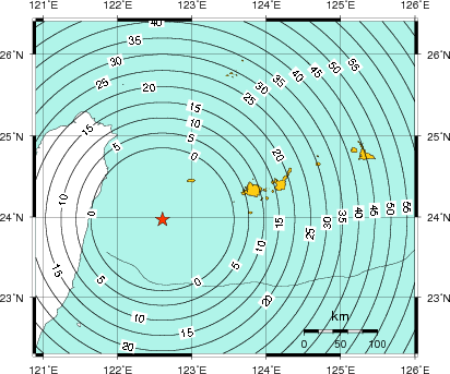 緊急地震速報(警報)第1報を発表した地域及び主要動到達までの時間