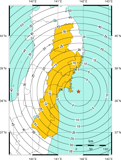 緊急地震速報（警報）第1報を発表した地域及び主要動到達までの時間