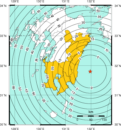 緊急地震速報(警報)第1報を発表した地域及び主要動到達までの時間
