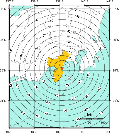 緊急地震速報(警報)第1報を発表した地域及び主要動到達までの時間