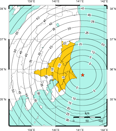 緊急地震速報（警報）第1報を発表した地域及び主要動到達までの時間