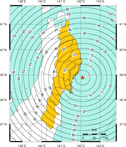 緊急地震速報（警報）第1報を発表した地域及び主要動到達までの時間