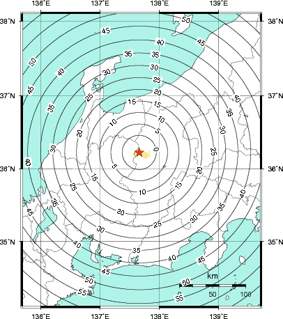 緊急地震速報第1報提供から主要動到達までの時間及び推計震度分布図