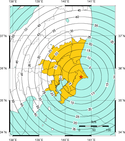 緊急地震速報(警報)第1報を発表した地域及び主要動到達までの時間