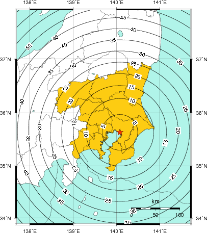 緊急地震速報（警報）第1報を発表した地域及び主要動到達までの時間