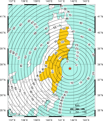 緊急地震速報（警報）第1報を発表した地域及び主要動到達までの時間