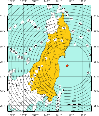 緊急地震速報（警報）第2報を発表した地域及び主要動到達までの時間