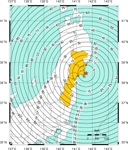 緊急地震速報(警報)第1報を発表した地域及び主要動到達までの時間