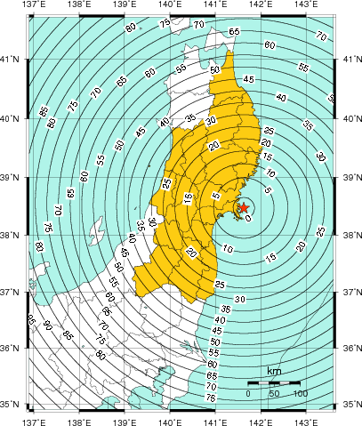 緊急地震速報(警報)第2報を発表した地域及び主要動到達までの時間