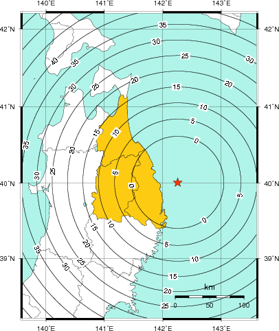 緊急地震速報（警報）第1報を発表した地域及び主要動到達までの時間