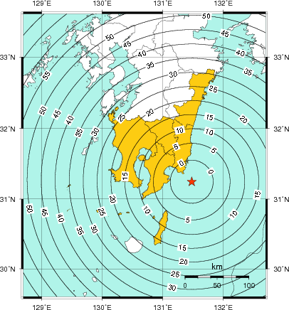 緊急地震速報（警報）第1報を発表した地域及び主要動到達までの時間