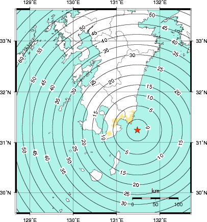 緊急地震速報第1報提供から主要動到達までの時間及び推計震度分布図