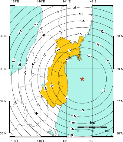 緊急地震速報（警報）第1報を発表した地域及び主要動到達までの時間