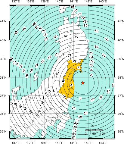 緊急地震速報(警報)第1報を発表した地域及び主要動到達までの時間