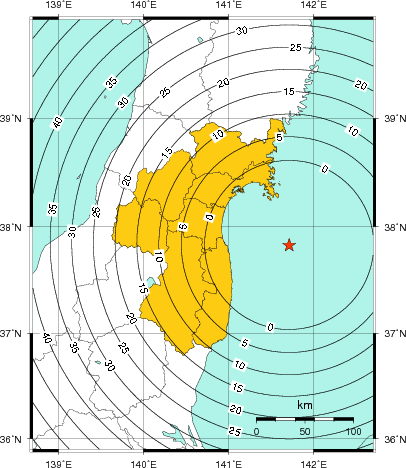 緊急地震速報（警報）第1報を発表した地域及び主要動到達までの時間