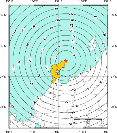 緊急地震速報（警報）第1報を発表した地域及び主要動到達までの時間