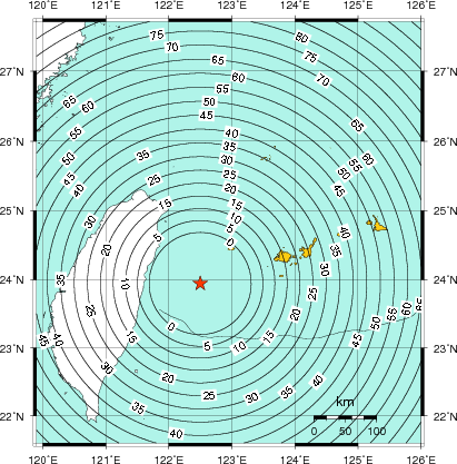 緊急地震速報（警報）第1報を発表した地域及び主要動到達までの時間