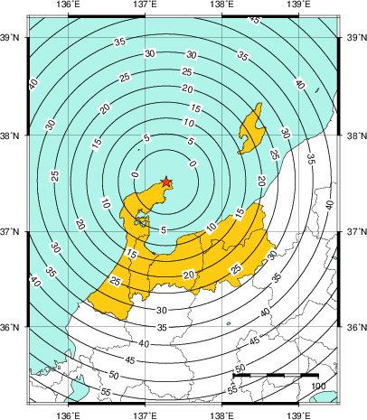 緊急地震速報(警報)第1報を発表した地域及び主要動到達までの時間