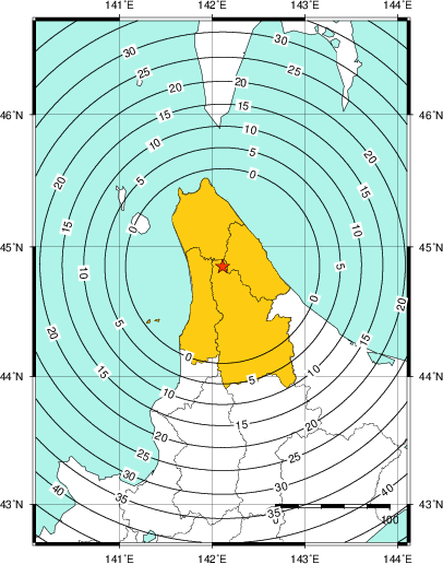 緊急地震速報(警報)第1報を発表した地域及び主要動到達までの時間