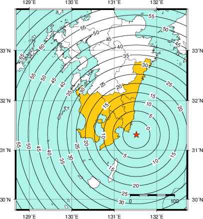 緊急地震速報(警報)第1報を発表した地域及び主要動到達までの時間