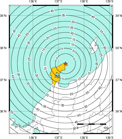 緊急地震速報（警報）第1報を発表した地域及び主要動到達までの時間