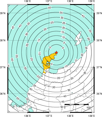 緊急地震速報(警報)第1報を発表した地域及び主要動到達までの時間