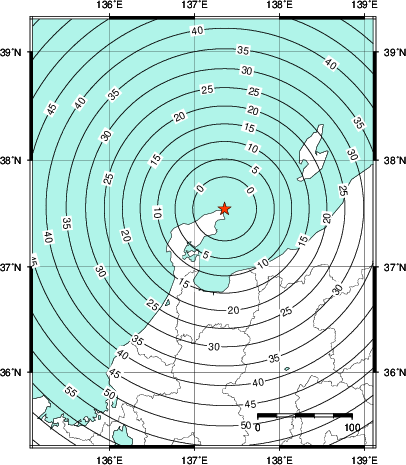 緊急地震速報第1報提供から主要動到達までの時間及び推計震度分布図