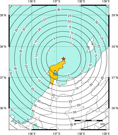 緊急地震速報（警報）第1報を発表した地域及び主要動到達までの時間