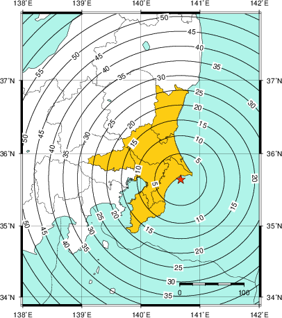 緊急地震速報（警報）第1報を発表した地域及び主要動到達までの時間