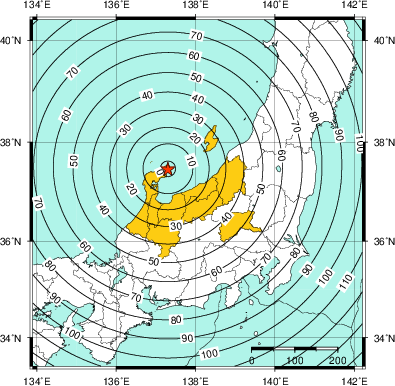 緊急地震速報(警報)第1報を発表した地域及び主要動到達までの時間