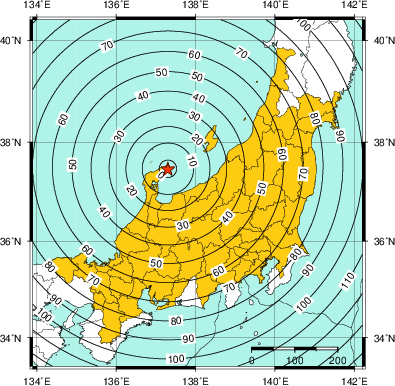 緊急地震速報(警報)第2報を発表した地域及び主要動到達までの時間