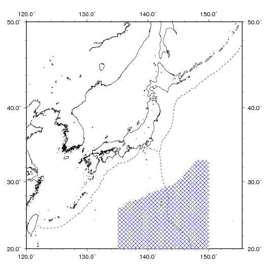 変位マグニチュード計算において、震源距離が30km以上かつ震央距離が2000km以下のデータを使用する領域