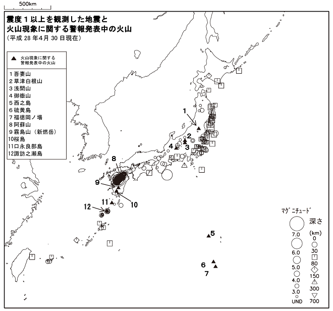 震度1以上の地震と噴火警報発表中の火山