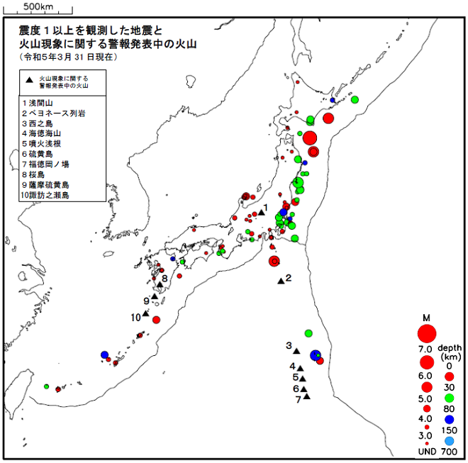 震度1以上の地震と噴火警報発表中の火山