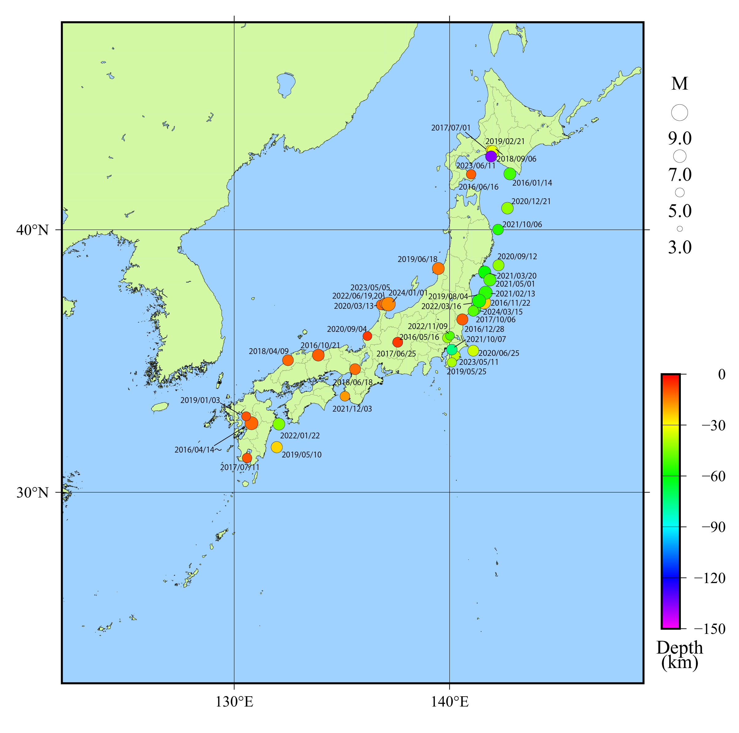 図　日本付近で発生した主な被害地震（平成28年以降）