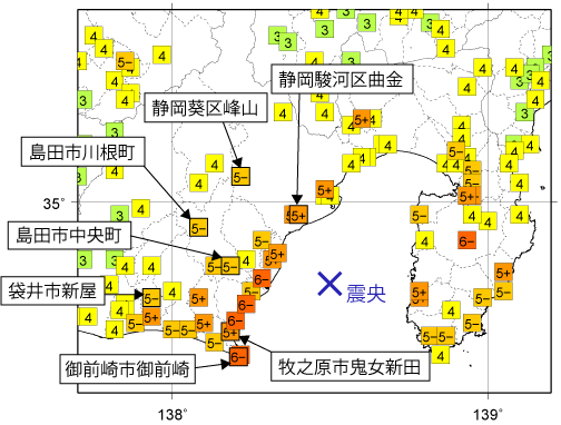 気象庁観測点と震度分布