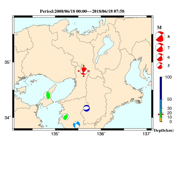 過去に起きた地震のCMT解