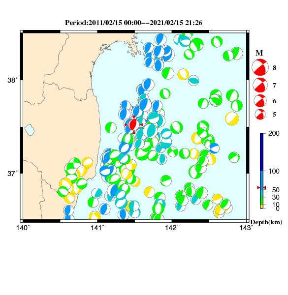 過去に起きた地震のCMT解