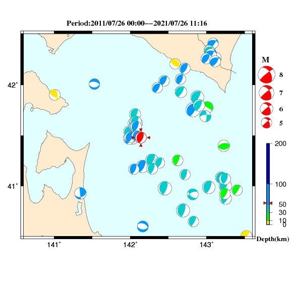 過去に起きた地震のCMT解