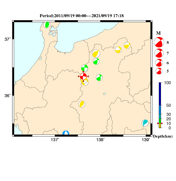 過去に起きた地震のCMT解