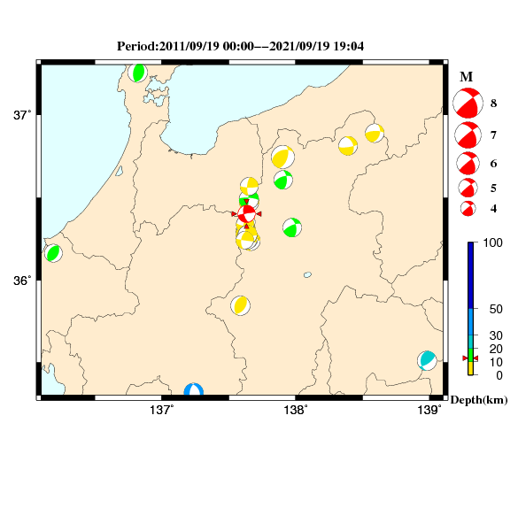 過去に起きた地震のCMT解