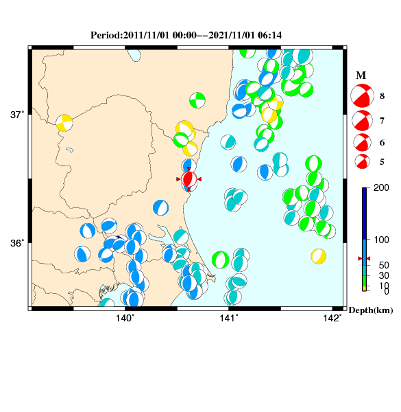 過去に起きた地震のCMT解
