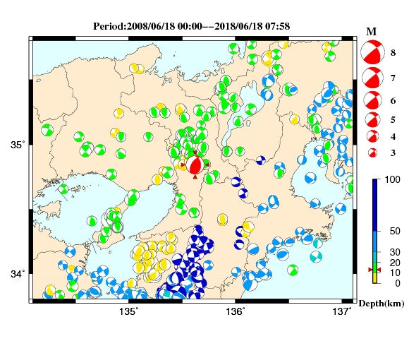 過去に起きた地震の初動発震機構解