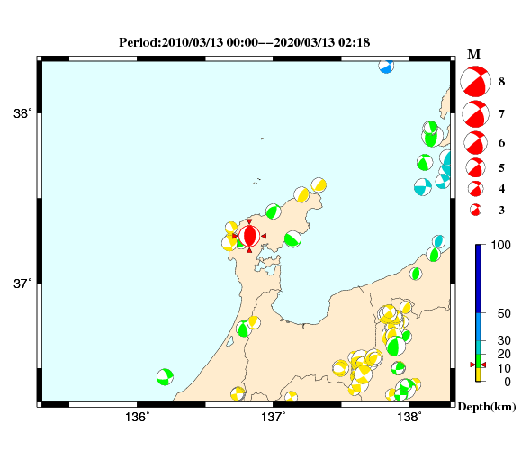 過去に起きた地震の初動発震機構解