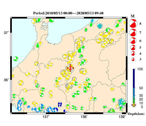 過去に起きた地震の初動発震機構解