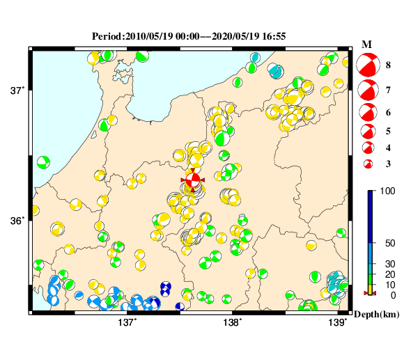 過去に起きた地震の初動発震機構解