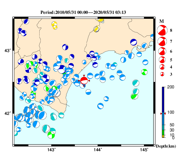 過去に起きた地震の初動発震機構解