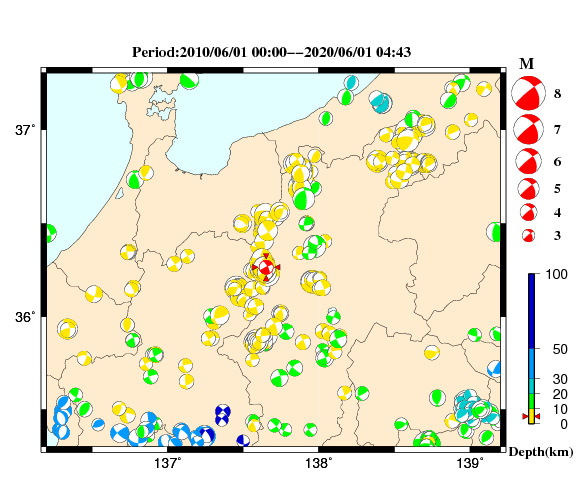 過去に起きた地震の初動発震機構解