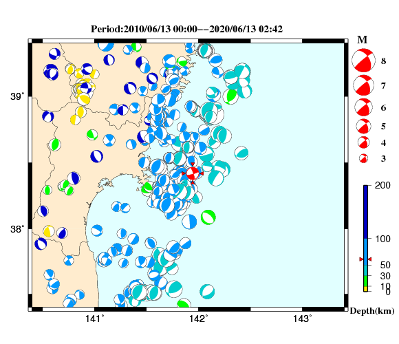 過去に起きた地震の初動発震機構解
