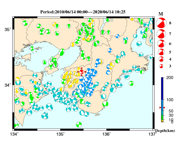 過去に起きた地震の初動発震機構解